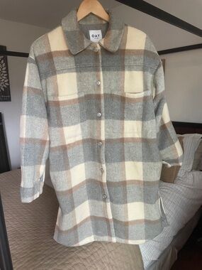 Plaid long Shacket in Gray, Cream & Brown